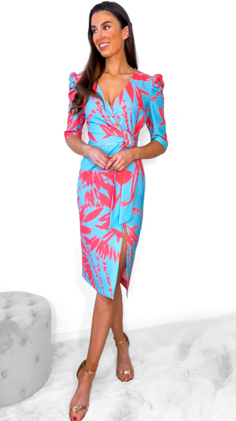 Aqua/Coral Wrap Effect Dresses ...